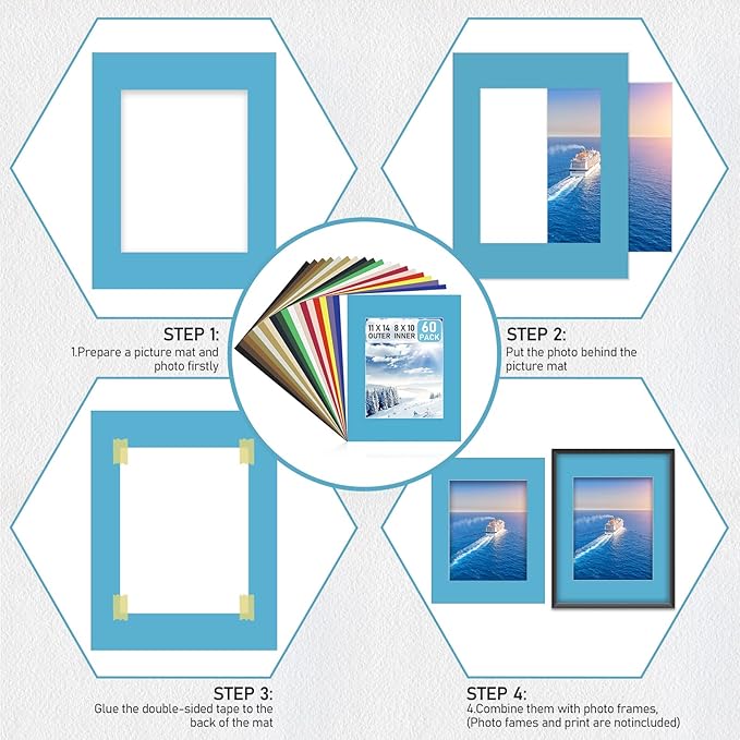 60 Pack Picture Mats 11 x 14 Inch Frame Mattes Matting with Acid Free Pre Cut Mattes White Core Bevel Cut Mats for 8 x 10 Pictures for Home Gallery Wall Hanging Art Decoration (Mixed Colors)