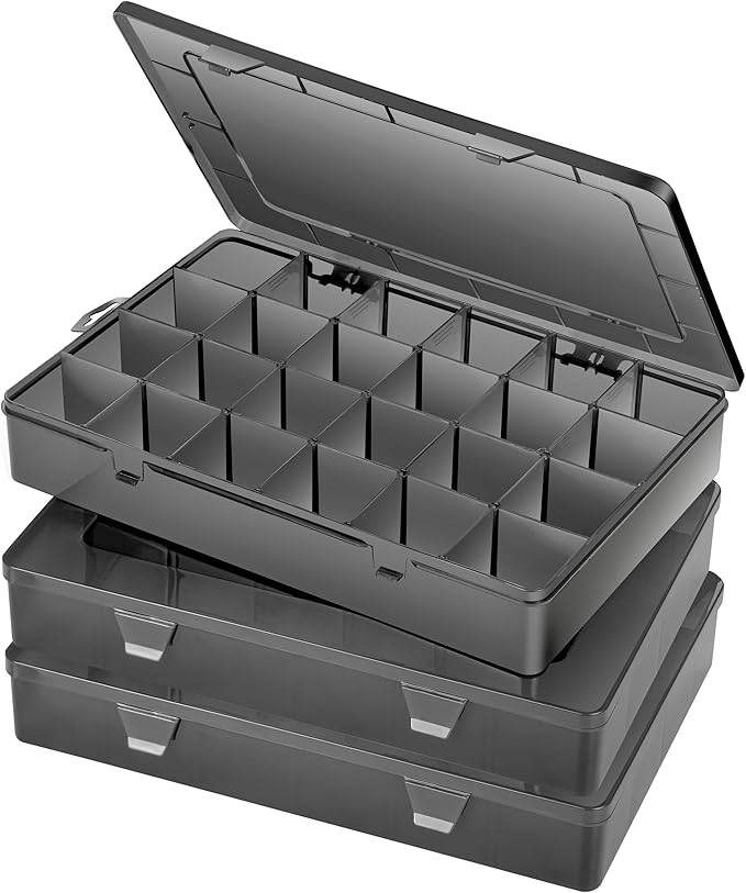 Large 24 Grids Plastic Organizer Box Adjustable Dividers,Clear Storage Box for Jewelry, Art DIY Crafts, Washi Tapes, Beads and Small Parts(Black,3Pack)