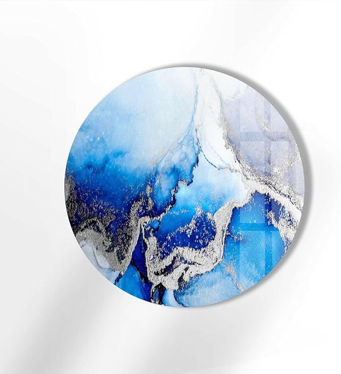 My Photostation.com 15.8''(40cm) Diameter Blue Marble Round with Silver Details Glass Wall Art Tempered Glass Printing Wall Decor Large Wall Art Wall Hangings