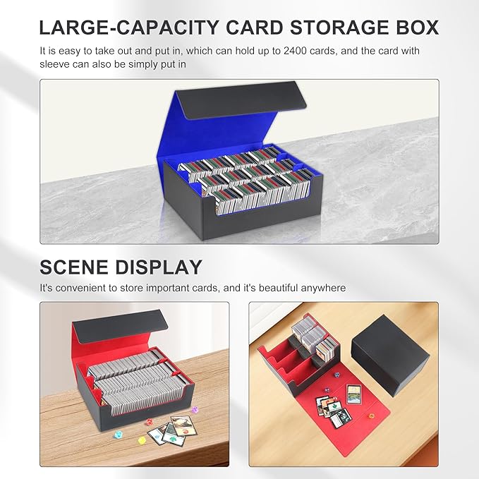 Card Storage Box for Trading Cards，2400+ Leather Magnetic Closure Commander Storage Box,Protectors Fit for YuGiOh, MTG and Sport Cards (Black, blue, 2400+)