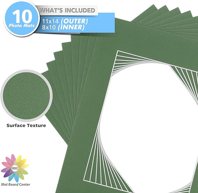 Mat Board Center, Pack of 10, 11x14 for 8x10 Basque Green Color Mats - Bevel Cut, Acid Free, 4-ply Thickness, White Core - for Pictures, Photos, Framing