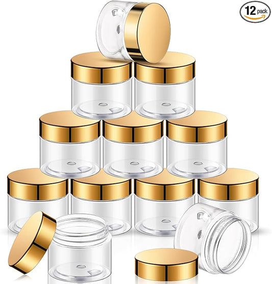 SATINIOR 12 Pack Plastic Container Jars with Lids Round Clear Travel Cosmetic Container Jars for Toiletries, Lotion, Cream, Ointments, Makeup, Rhinestone, Samples, Kitchen Storage(1 oz,Gold)