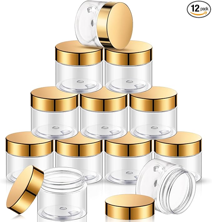 SATINIOR 12 Pack 32 oz Plastic Container Jars with Lids Round Clear Travel Cosmetic Container Slime Jars for Toiletries, Lotion, Cream, Ointments, Makeup, Rhinestone, Samples, Kitchen Storage(Gold)