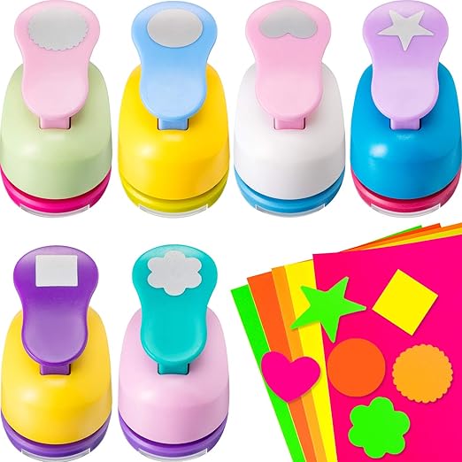 CHENGU 16 Pcs Craft Holes Punch Paper Punchers Scrapbook Punches with Craft Sticker Paper, Round, Star, Square, Heart, Flower, Wave Circle Shape(1 Inch,Multiple Styles)
