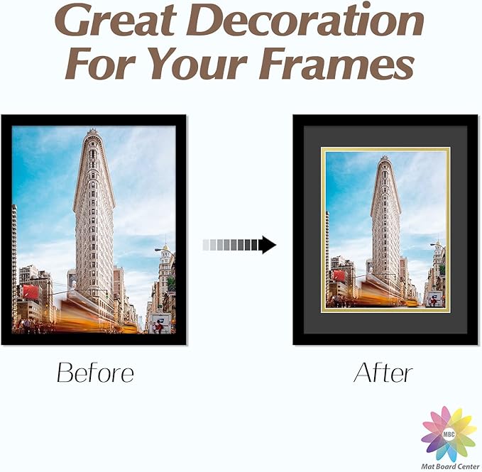 Mat Board Center, Double Mat - Acid Free, 8-ply Thickness, White Core - for Pictures, Photos, Framing (Black Over Gold, 11x14 for 8.5x11, Pack of 5)