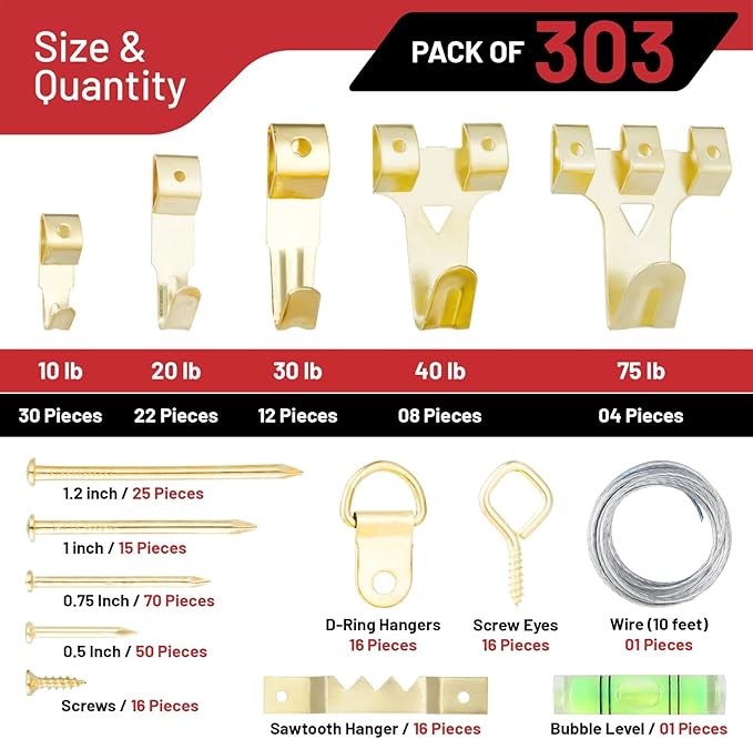 303-Piece Picture Hanging Assortment, Heavy Duty Hooks, Nails, Sawtooth, D-Rings, Wire, Level, and Metal Wall Hooks for Picture Framing and Canvas Mounting (Gold)