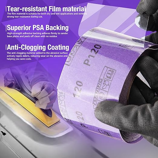 220 Grit PSA Purple Film Ceramic Sandpaper Roll, 2-3/4" Wide Continuous 20 Yard Longboard Sanding Roll Wet Dry Sanding Blocks Self Adhesive Sticky Back Sanding Sheets for Woodworking Automotive