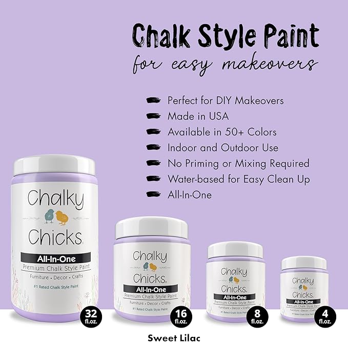 Chalky Chicks All-in-One Chalk Paint for Furniture or Cabinet - 8Fl Oz-Matte Finish Sweet Lilac (Light Purple) for Metal, Wood Furniture Paint - No Sanding All-in-One for Home Decor & Crafts, USA Made