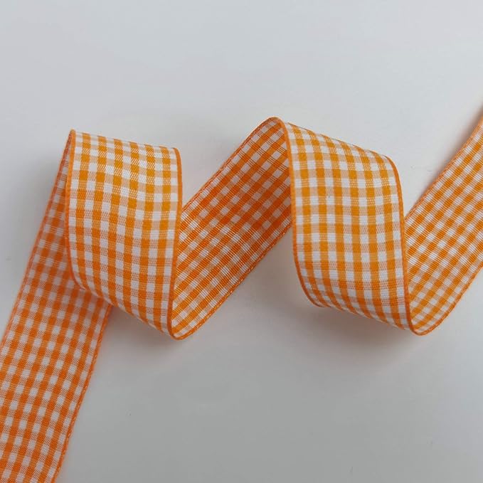 Micomon Orange Gingham Plaid Checked Ribbon 25 Yard Each Roll 100% Polyester (1", Orange)