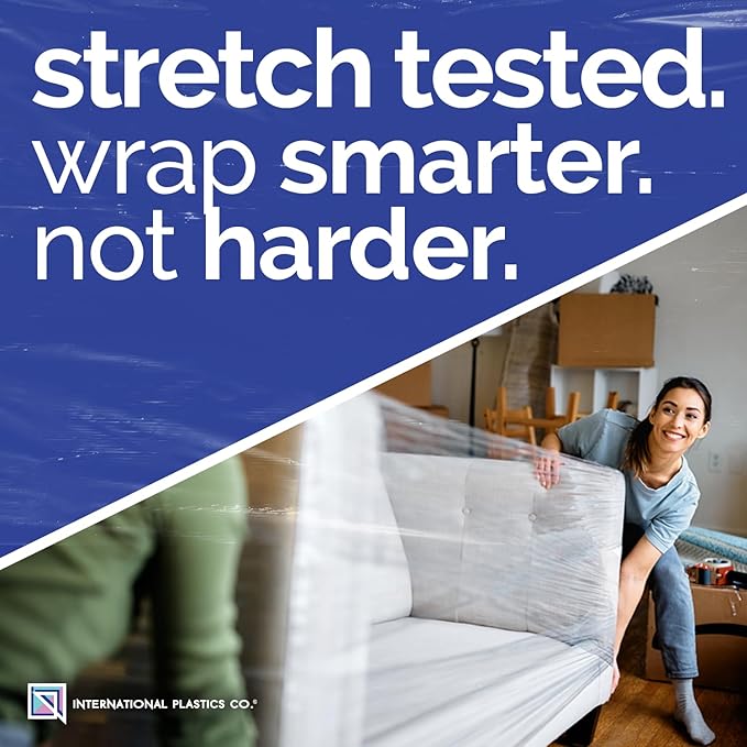 International Plastics Co. 18" Stretch Film/Wrap 1500 feet 7 Layers 80 Gauge Industrial Strength up to 800% Stretch 20 Microns Adhering Packing Moving Heavy Duty (Clear, 4 Pack - Tension Handles)