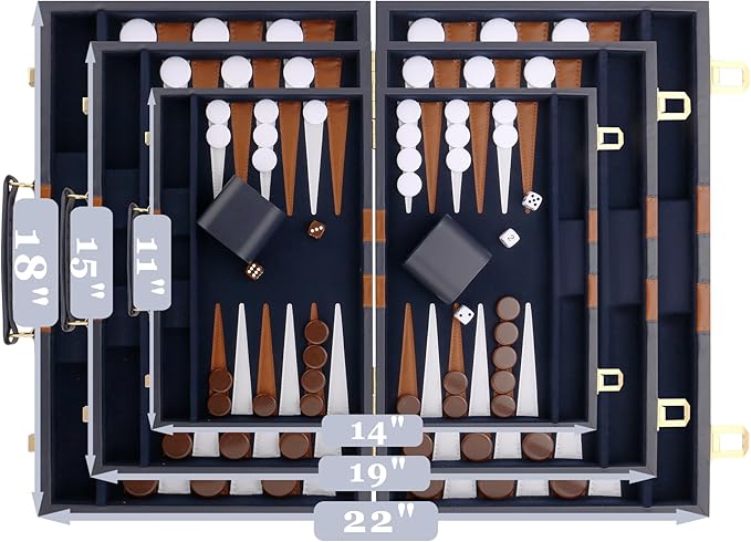Backgammon Set - Classic Board Game with Premium Leather Case - Portable Travel Strategy Backgammon Game Set for Adults, Kids - Suitable as (18inch, Navy)