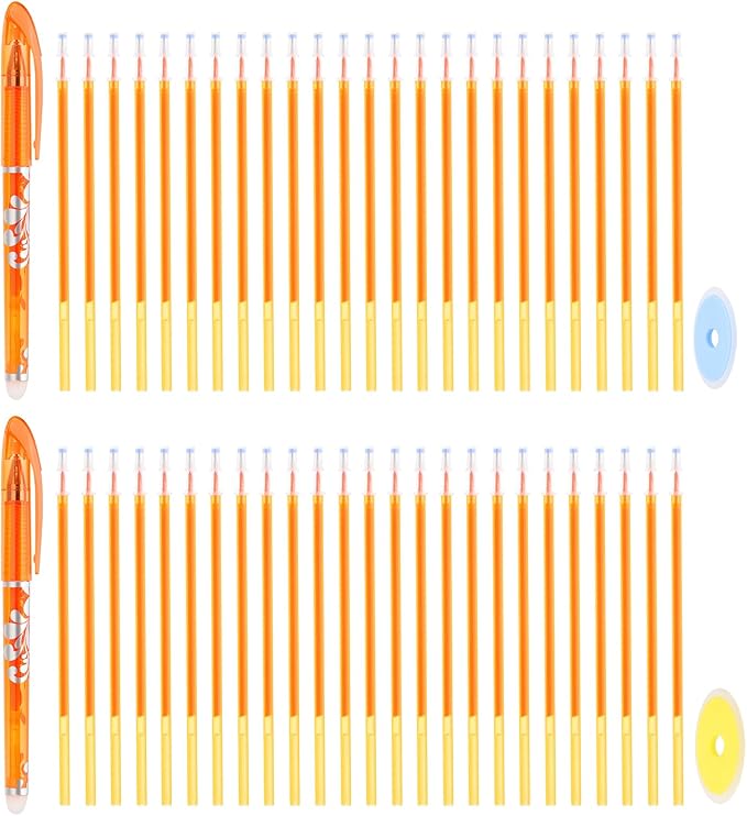 PATIKIL 2Pcs Erasable Gel Pens with 50 Refills & 2 Erasers, 0.5mm Heat Erasable Pens for Fabric Orange Ink Fabric Marking Pen for Sewing Quilting Planner Writing