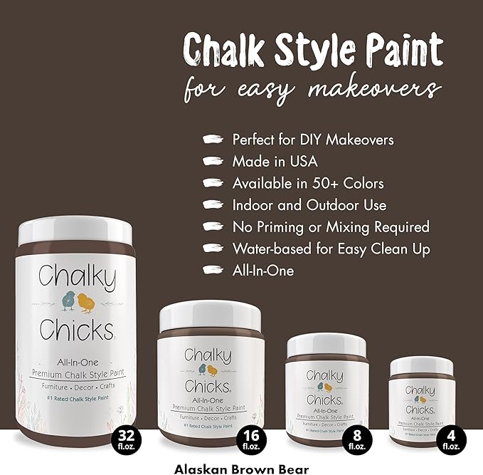 Chalky Chicks All-in-One Chalk Paint for Furniture or Cabinet - 16 Fl Oz - Matte Finish Alaskan Brown Bear for Metal, Wood Furniture Paint - No Sanding All-in-One for Home Decor & Crafts, USA Made