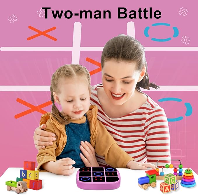 Tic-Tac-Toe Bolt Game, 4-in-1 Handheld Puzzle Games Console, Electronic Tic-Tac-Toe Game for Educational and Memory Growth, Portable Travel Games for Car Ride, Board Games for Kids and Adults (Pink)