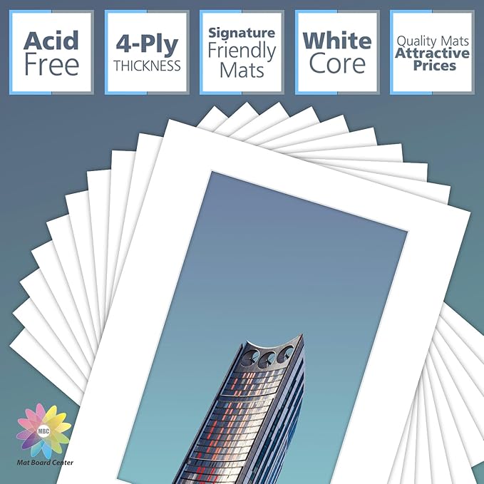 MBC MAT BOARD CENTER, 10 Pack 16x20 for 11x17 White Picture Mats Frame Mattes, Bevel Cut, Acid Free, 4-ply Thickness