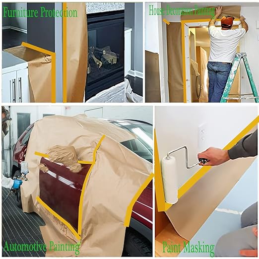 Paint Masking Paper with Adhesive,20 inch x 50 Feet Painters Paper Roll, Tape and Drape Painters Paper, for Auto Body Masking, Wall Covering and Paint Masking (3Rolls)