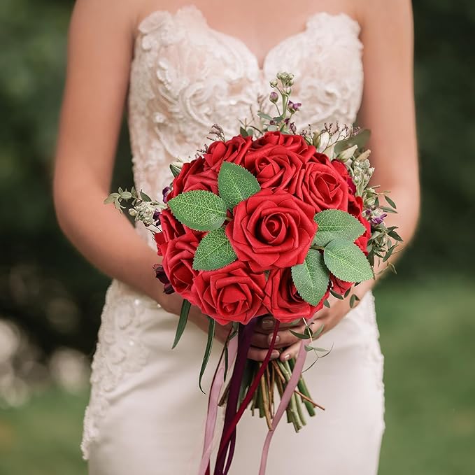 AmyHomie 25pcs Real Looking Artificial Red Roses w/Stem for DIY Wedding Bouquets Centerpieces Arrangements Party Baby Shower Home Decorations