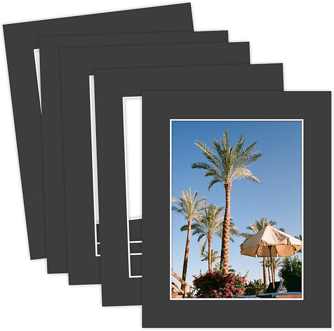 MBC Mat Board Center, 5 Pack 8x10 for 6x8 Black Picture Mats Frame Mattes, Bevel Cut, Acid Free, 4-ply Thickness
