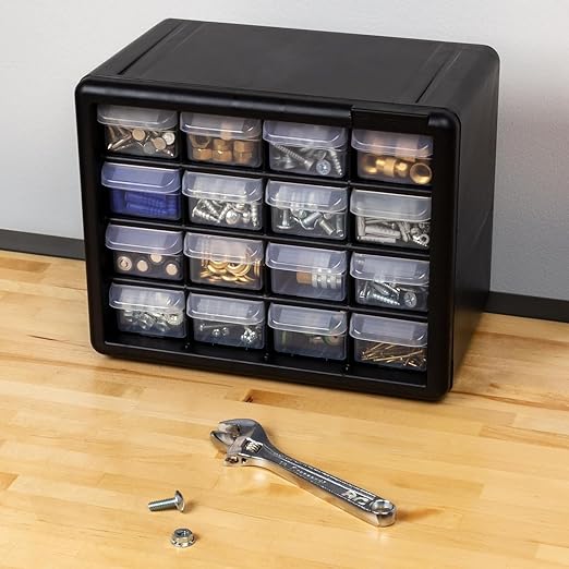 Akro-Mils 16-Drawer Plastic Drawer Storage Cabinet for Garage Organization, Beads, Makeup Organizer, Building Bricks Storage, Teacher Toolbox, 10-1/2" W x 6-1/2" D x 8-1/2" H, 10116 Black