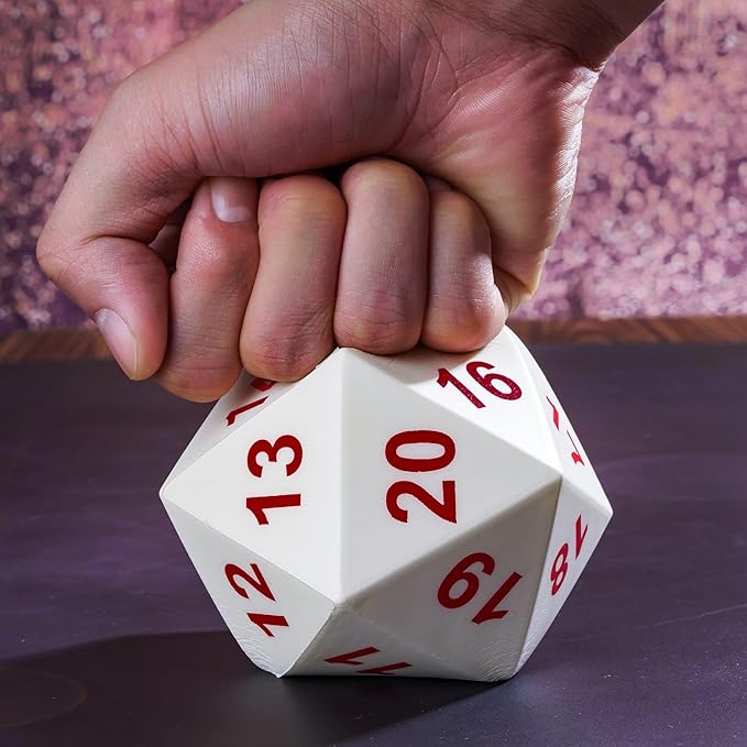 Large D20 Foam DND Dice, 80mm Spindown D&D RPG 20 Sided Dice with Drawstring Bag for Role Playing Games （White ）