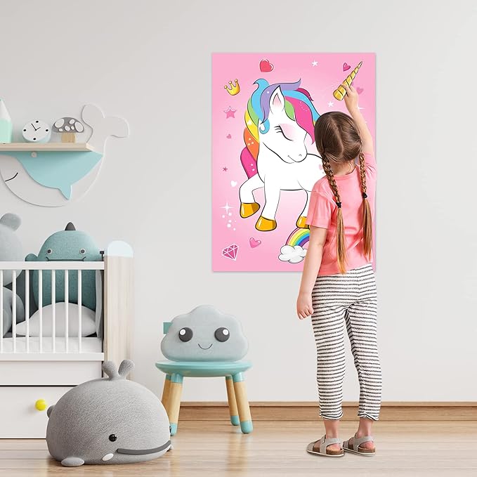 ASTARON Pin The Horn on The Unicorn Birthday Party Game with 30 Horns for Unicorn Party Supplies Favors Girls Rainbow Party Decorations, Pin The Tail Game for Christmas