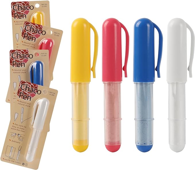 (4-pack) Fabric Chalk Markers (Red, Yellow, Blue, White) -Erase Tailor’s Chalk for Quilting and Sewing - Compatible with Most Fabrics - With Dosing Wheel Technology, 4 Colors