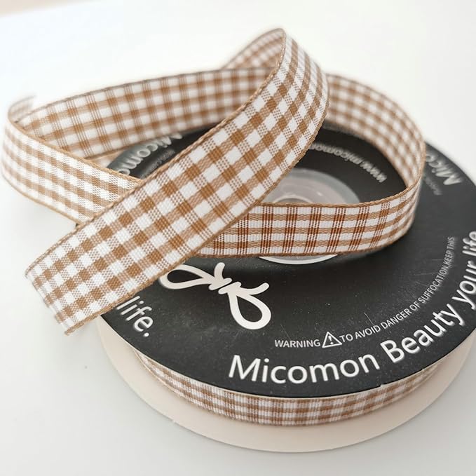 Micomon Khaki and White Woven Edge Plaid Ribbon 100% Polyester Gingham Ribbon 25 Yards Each Roll (5/8"Khaki)