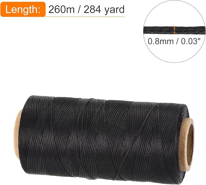 MECCANIXITY Waxed Thread,284 Yard 0.8mm 150D Flat Wax Thread Polyester Waxed String for Leather Sewing Hand Weaving Book Binding Home Decoration, Black