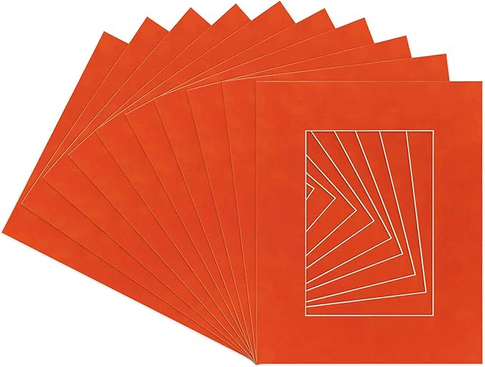 Pack of Ten Acid Free 8x10 Mats Bevel Cut for 5.5x8.5 Photos - Orange Suede Precut Matboards With Backing Boards and Self Seal Photo Mat Bags For Pictures, Photos, Framing - 4-ply Thickness
