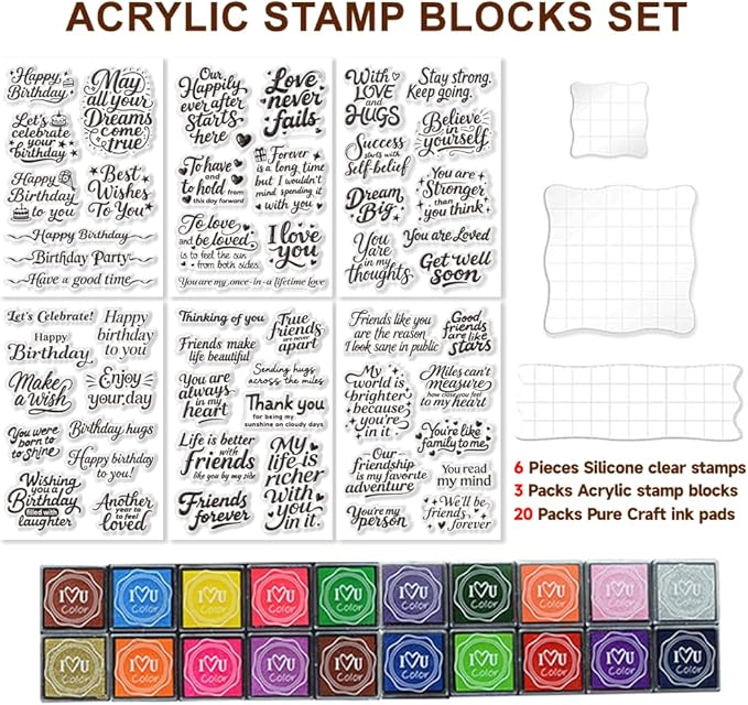 6 Pcs Greeting Words Clear Stamps for Card Making Supplies 20 Ink Pad 3 Acrylic Stamp Block Silicone Stamp with Holiday Bless Happy Birthday Stamps for Crafting DIY Scrapbooking Journal