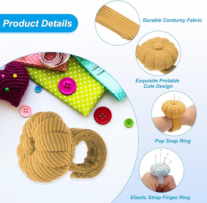 PATIKIL Wrist Pumpkin Pin Cushion, Snap Pin Cushion with Elastic Strap Ring Portable Embroidery Needle Pin Storage for Hand Craft Knitting, Yellow