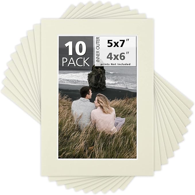 Mat Board Center, Pack of 10, 5x7 for 4x6 Light Gray Color Mats - Bevel Cut, Acid Free, 4-ply Thickness, White Core - for Pictures, Photos, Framing