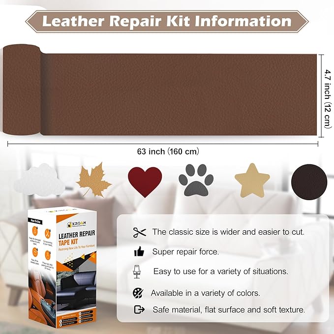 Leather Repair Tape, 4.7x63 inch Leather Patches for Furniture, Self Adhesive Leather Repair Patch for Sofas, Couches, Leather Covers, Seats, Chairs, Vinyl Repair Tape Black-Fine Grain