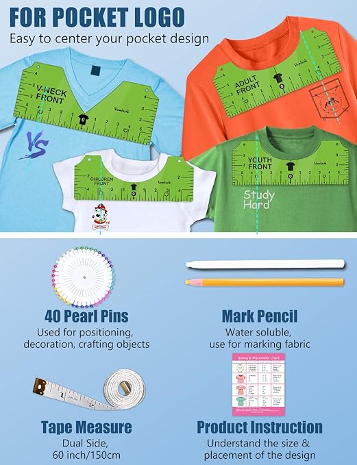Vowlove Tshirt Ruler Guide for Vinyl Alignment: T Shirt Ruler to Center Design, Tee Measurement Tools, Heat Press Accessories for Sublimation, HTV Heat Transfer Vinyl Press, Screen Printing