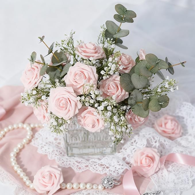 Artificial Flowers Foam Fake Roses 25pcs Light Pink Roses with Stems for Home Decor DIY Wedding Bouquets Party Bridal Shower Centerpieces Faux Flower Arrangements Tables Decorations