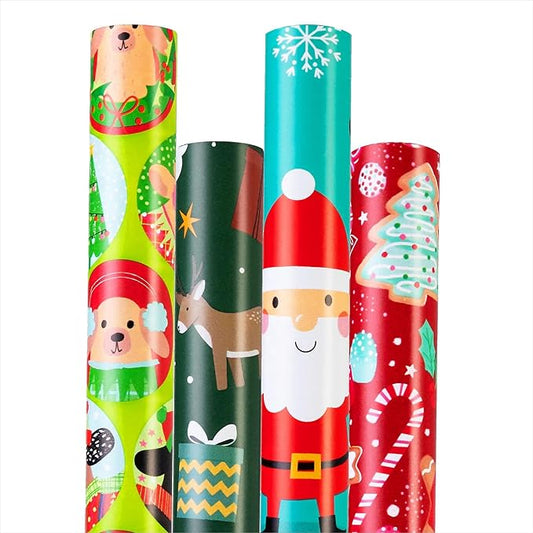 Cherubfunz Christmas Wrapping Paper (4 Rolls: 93 sq. ft. ttl) Santa Claus Carrying Gifts, Candy Cane, Reindeer, Christmas Tree/Bell, Dogs Pattern - 17 inches x 16.5 feet Per Roll