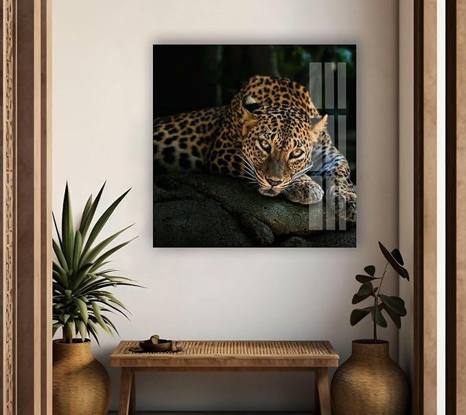 My Photostation.com 28Wx18H'' Fierce Leopard Glass Wall ArtTempered Glass Printing Wall Decor Large Wall Art Wall Hangings