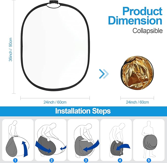 WELLMAKING 24'' x 36'' (60 x 90cm) Photography Reflector 5-in-1 Collapsible Light Reflector with Bag & tilt Adapter, Portable Light Reflector Photography Panel for Studio Video & Outdoor Lighting