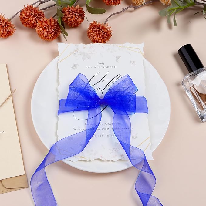Ribbon for Gift Wrapping 3/4 inch Royal Blue Sheer Organza Ribbon for Flower Bouquet Tulle Thin Chiffon Ribbons for Wedding Invitations Christmas Halloween Presents Decorations Crafts 50 Yards