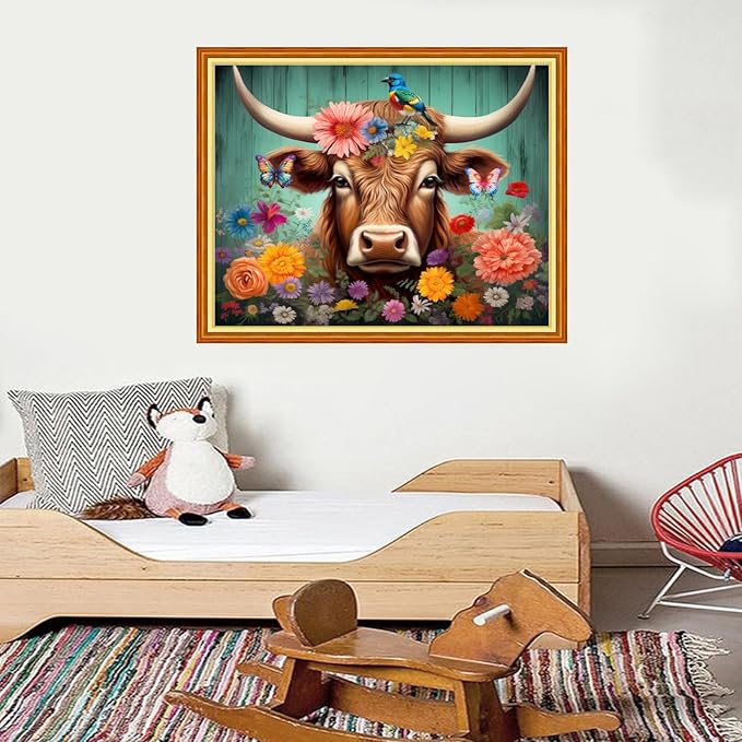 Foxdiviy Stamped Cross Stitch Kits for Beginners Full Range of Cross Stitching 11 CT Printed Cross Stitch Kits for Kids Adults Cross Stitch Patterns Needlepoint Kits-Colorful Cow Flowers 16x20 inch
