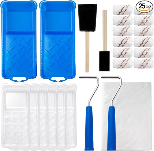 Mister Rui Paint Roller Kit, 25 Pack, 2 Inch Microfiber Paint Rollers 10 mm Nap, Small Paint Roller Kit, Mini Paint Roller, Paint Tray with Liners, Sponge Paint Brush, Mini Rollers for Painting