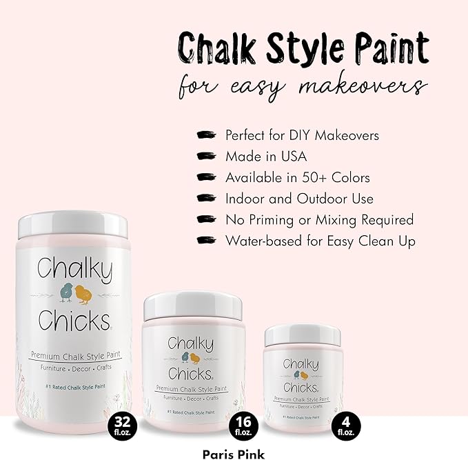Chalky Chicks All-in-One Chalk Paint for Furniture or Cabinet - 16 Fl Oz - Matte Finish Paris Pink for Metal, Wood Furniture Paint - No Sanding All-in-One for Home Decor & Crafts, USA Made