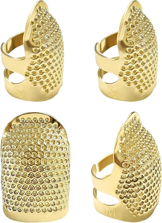 FR 4 Pack (2 Sizes, S/M) Sewing Thimble Finger Protector, Adjustable Finger Metal Shield Protector Pin Needles Sewing Quilting Craft Accessories DIY Sewing Tools Needlework Gold