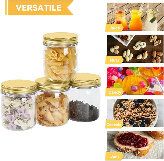 novelinks 8 oz Clear Plastic Jars with Screw-On Lids - BPA-Free Refillable Storage Containers for Slime, Spices, Crafts, Kitchen & Home Organization (32 Pack,Gold)