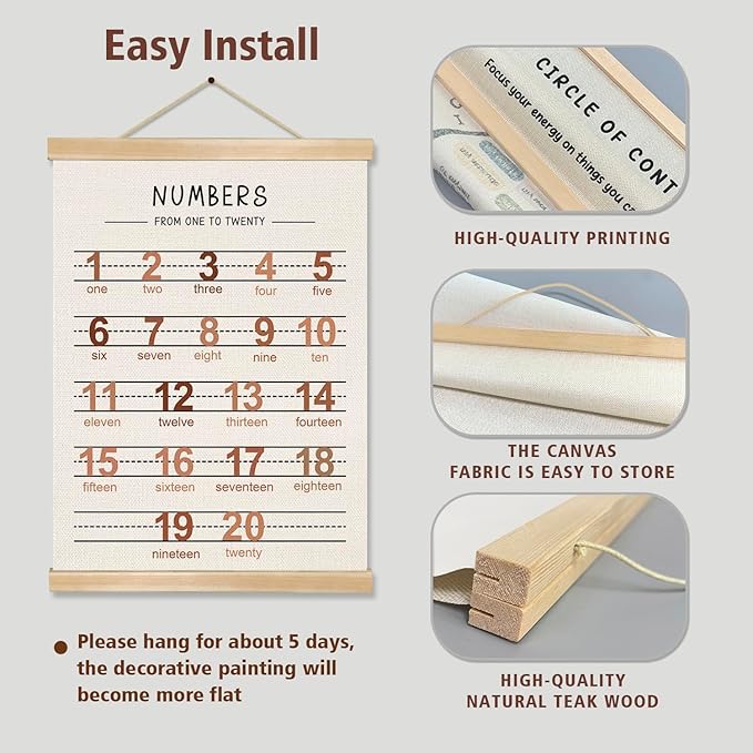 Alphabet and Numbers Wall Chart Set of 2 ,Kids Educational Posters,ABC and 1-20 Number Learning Banners for Toddlers, Preschool Classroom, Homeschool, Nursery, Playroom Decor 14 x 18.5 Inch (Brown)