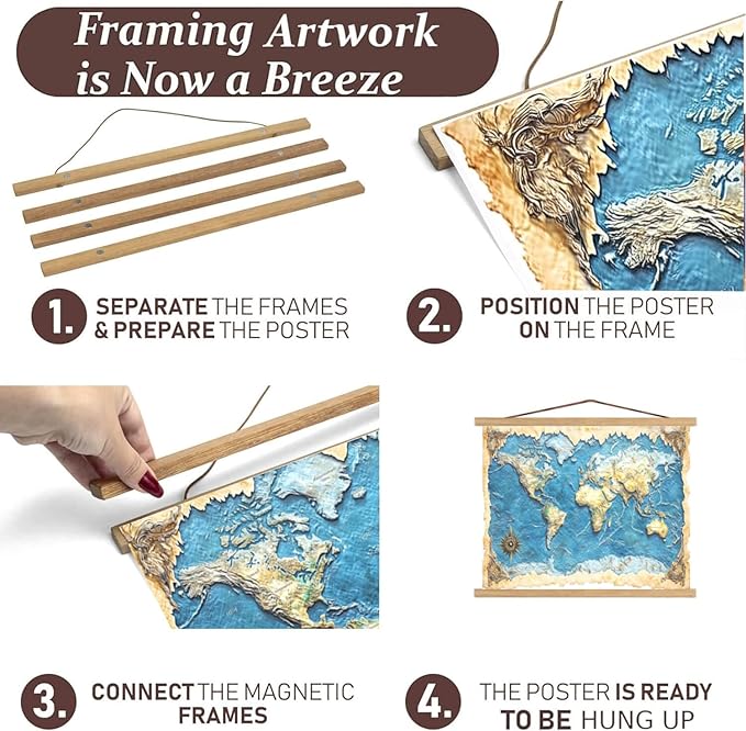 DACRI HOME 32" Wide Magnetic Poster Hanger Frame - 32x24 32x40 32x48 Magnetic Frame - Premium Teak Wood, Strong Magnets for Hanging Posters Maps Pictures Scroll Wall Art (32 Inch, Natural Wood)