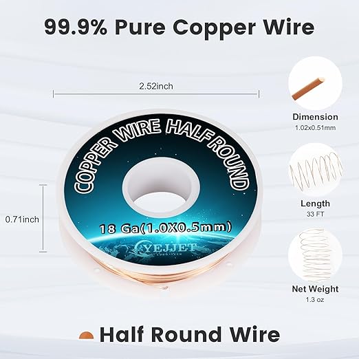 Half Round Pure Copper Wire 18 Gauge 1.02x0.51mm - 1.3 oz (33 Feet) Soft Temper Conductive Wire for Jewelry & Electrical Crafts
