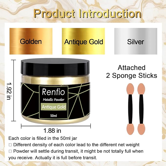 Renfio Metallic Pigment Powder,Gold Mica Powder for Resin,50ml Antique Gold Resin Color Pigment for Kintsugi,Polymer Clay,Crafts,Slime,Candle,Nail,Paint,Fabric,Festival,Decoration