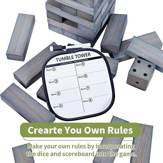 ApudArmis Giant Tumble Tower Stack to Over 5Ft, 60 PCS Pine Wooden Stacking Timber Game with 1 Dice Set - Classic Block Giant Outdoor Game (7.48 * 2.48 * 1.5 in Each Block, Gray)