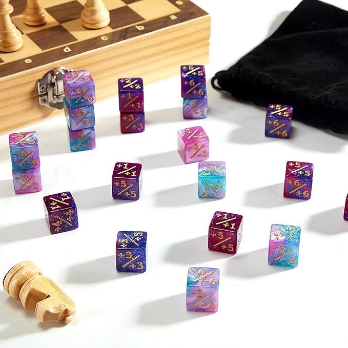 Sumind 24 Pcs Magic Life Counter Dice -1/+1 Counters Commander Buff Tokens 6 Sided Dice Loyalty Life Gifts Compatible with MTG CCG TCG Cards Gaming Accessory (Fresh Style)
